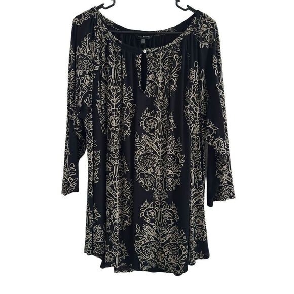 Lucky Brand Boho Tunic Blouse 3/4 Sleeve Keyhole Neck Black/Tan Women’s 2X - Picture 1 of 7
